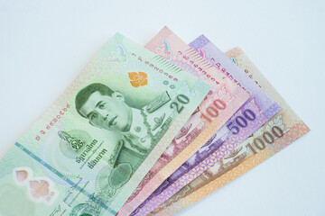 Thai baht banknotes. Cash money of Thailand. Thai economy and financial system concept.