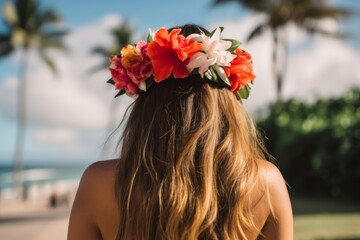 Back view woman hawaii. Generate AI - obrazy, fototapety, plakaty