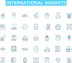 International markets linear icons set. Globalization, Trade, Export, Import, Cross-border, Exchange, Multinational line vector and concept signs. Diversity,Integration,Outsourcing outline