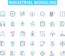 industrial modeling linear icons set. Factories, Manufacturing, Assembly, Automation, Robotics, D printing, Engineering line vector and concept signs. Machining,Simulation,Processes outline