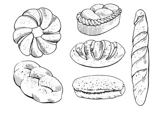 Graphic drawing of fresh baked goods. Set for printing on the packaging of bakery products, bakeries, restaurants, website design, kitchen design printing. 