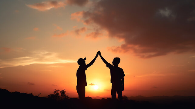 Silhueta de alcance, dando uma mão amiga, esperança e apoio um ao outro sobre o fundo do céu do sol desfocado