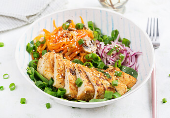 Grilled chicken fillet and carrot pasta. Healthy lunch menu. Keto food.