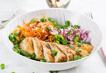 Grilled chicken fillet and carrot pasta. Healthy lunch menu. Keto food.