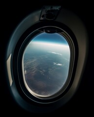 Beautiful landscape oval plane window. Generate Ai