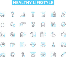 Healthy lifestyle linear icons set. Nourishment, Fitness, Wellness, Balance, Nutrition, Exercise, Hydration line vector and concept signs. Rest,Self-care,Mindfulness outline illustrations