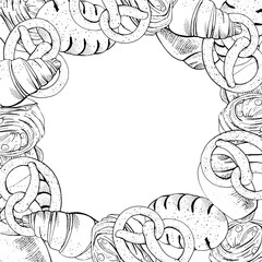 Graphic drawing of fresh baked goods. Text frame for printing on bakery packaging, bakery, restaurants, website design, kitchen design print. Line illustration vector.