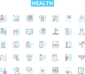 Health linear icons set. Fitness, Nutrition, Wellness, Hygiene, Sleep, Exercise, Mental health line vector and concept signs. Medication,Diet,Vitamins outline illustrations