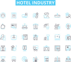 Hotel industry linear icons set. Accommodation, Hospitality, Luxury, Service, Travel, Lodging, Amenities line vector and concept signs. Boutique,Comfort,Reservations outline illustrations