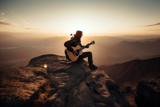 Man with guitar in mountains on sunset in search of inspiration. Digitally generated AI image. Not an actual real person.