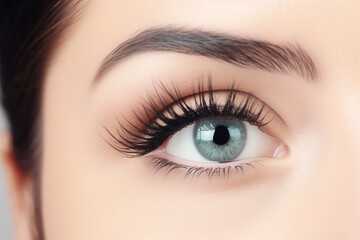 Obraz premium Olho de mulher com cílios longos. Extensão de cílios