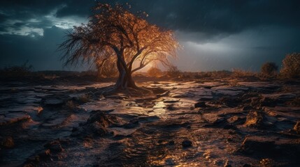 Ultra-Detailed Landscape Photography: Sony A9 & 35mm Lens Photoshoot of a Charred Landscape with a Lone Tree and Volumetric Lighting, Generative ai