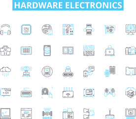 hardware electronics linear icons set. Circuitry, Microcontroller, Capacitor, Transistor, Diode, Resistors, Semiconductor line vector and concept signs. Voltage,Amplifier,Battery outline illustrations