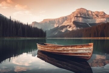 Obraz premium Boat on river mountains. Generate Ai