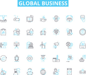 Global business linear icons set. International, Expansion, Multinational, Interconnected, Trade, Collaboration, Integration line vector and concept signs. Diversity,Innovation,Globalization outline