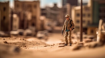 The Last Woman on the Desert Dune: A Photoshoot with Sony A9 & Volumetric Lighting Capturing a Lone Figure Walking with a Gun in a Metropolis, Generative AI