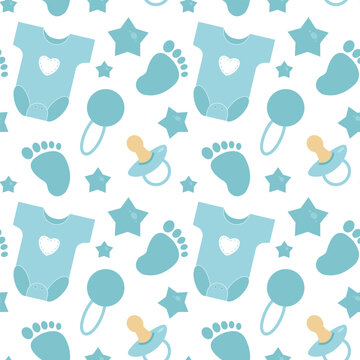 Baby care blue accessories seamless pattern. Bottle, dress, stars, rattle and nipple.