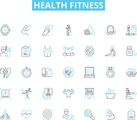 Health fitness linear icons set. Strength, Endurance, Flexibility, Agility, Wellness, Cardiovascular, Holistic line vector and concept signs. Vibrant,Resilience,Nutrition outline illustrations