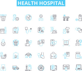 Health hospital linear icons set. Wellness, Treatment, Healing, Recovery, Surgery, Medicine, Emergency line vector and concept signs. Rehabilitation,Diagnosis,Patient outline illustrations