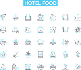 Hotel food linear icons set. Gourmet, Fusion, Buffet, Organic, Locally-sourced, Seasonal, International line vector and concept signs. Culinary,Fresh,Delectable outline illustrations