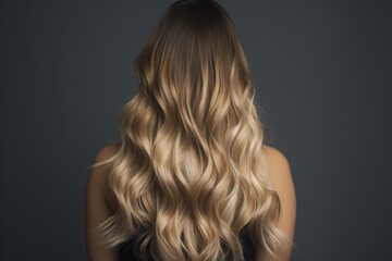 Fototapeta premium Woman from behind balayage hair dye technique, featuring a seamless blend of natural-looking highlights and lowlights, perfect for creating a sun-kissed and beachy look - Generative AI