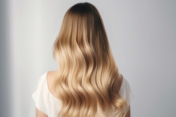 Fototapeta premium Woman from behind balayage hair dye technique, featuring a seamless blend of natural-looking highlights and lowlights, perfect for creating a sun-kissed and beachy look - Generative AI