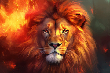 Head of Lion with a fiery mane. The majestic King of beasts with a flaming,  blazing mane. Regal and powerful. Wild animal. Fire backgrounds. 3d digital painting