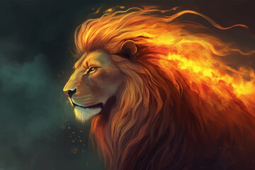 Head of Lion with a fiery mane. The majestic King of beasts with a flaming,  blazing mane. Regal and powerful. Wild animal. Fire backgrounds. 3d digital painting