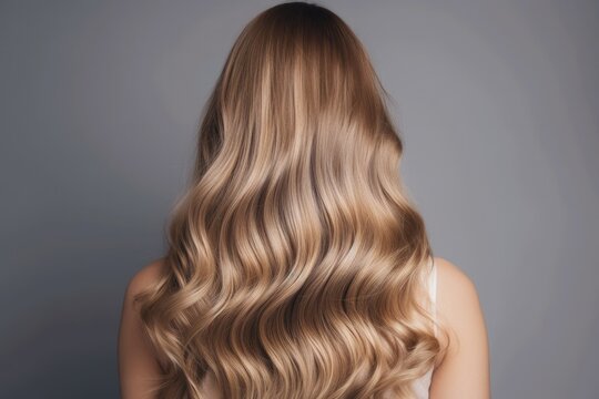 Woman from behind balayage hair dye technique, featuring a seamless blend of natural-looking highlights and lowlights, perfect for creating a sun-kissed and beachy look - Generative AI