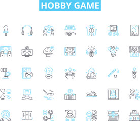 Hobby game linear icons set. Chess, Scrabble, Monopoly, Risk, Catan, Dungeons, Cards line vector and concept signs. Poker,Mahjong,Dominoes outline illustrations
