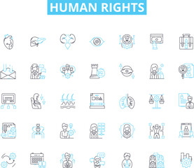 Human rights linear icons set. Equality, Dignity, Justice, Liberty, Freedom, Discrimination, Empowerment line vector and concept signs. Respect,Responsibility,Accountability outline illustrations