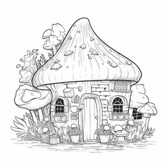 Fairy shop in mushroom, line art, generative ai