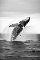Huge whale jumping from the ocean surface water, generative ai
