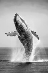 Huge whale jumping from the ocean surface water, generative ai - obrazy, fototapety, plakaty