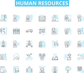 Human resources linear icons set. Recruitment, Hiring, Onboarding, Training, Development, Performance, Management line vector and concept signs. Diversity,Inclusion,Equality outline illustrations