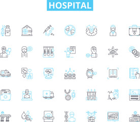 Hospital linear icons set. Medicine, Emergency, Staff, Patients, Surgery, Recovery, Admissions line vector and concept signs. Units,Specialists,Health outline illustrations
