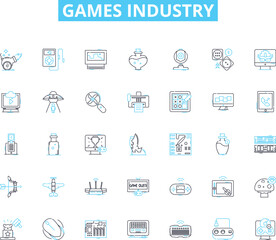 Games industry linear icons set. Gaming, Competition, Innovation, Fun, Strategy, Entertainment, Multiplayer line vector and concept signs. Adventure,Challenge,Console outline illustrations