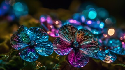 Obraz na płótnie Canvas Capturing the Beauty of Nature: A Close-Up Photoshoot of Sparkling Crystal Flowers in the Garden using Sony A9 and a 35mm Lens with Volumetric Lighting, Generative AI
