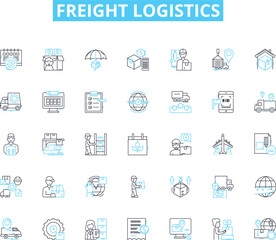 Freight logistics linear icons set. Shipping, Transport, Supply Chain, Warehousing, Distribution, Trucking, Cargo line vector and concept signs. Rail,Airfreight,Freight forwarder outline illustrations