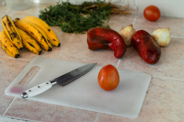 fruits and vegetables on the kitchen counter, elements for making a salad