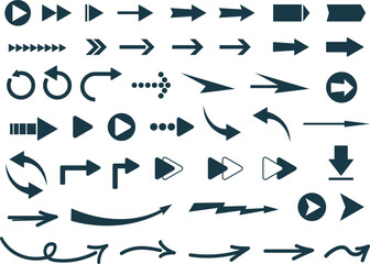 ensemble d'icônes ou pictogrammes représentant des flèches noires, sur fond blanc. Illustration vectorielle