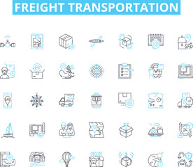 Freight transportation linear icons set. Shipping, Logistics, Carrier, Trucking, Cargo, Import, Export line vector and concept signs. Warehouse,Delivery,Hauling outline illustrations
