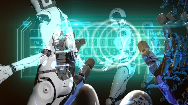 3d render motion graphic animation of female robots flying in lines like army with robot hand typing writing code on virtual keyboard
