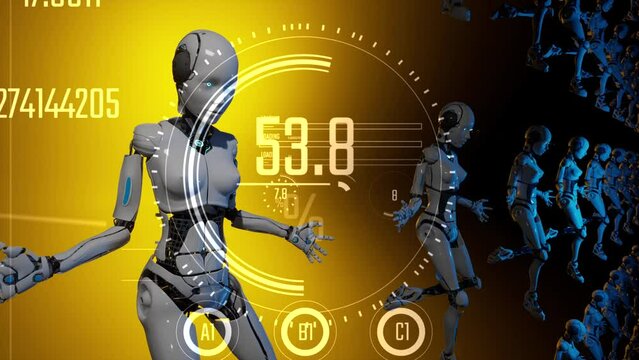 3d render animation of female robots standing in line like army with hud futuristic interface video yellow background