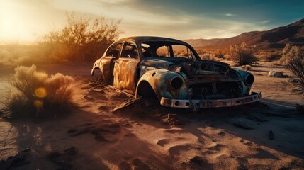Fototapeta na wymiar Capturing the Beauty of a Burnt-out Car in a Volumetric Landscape: Sony A9 Photoshoot with Ultra-Detailed Quality and Award-Winning Shots, Generative ai