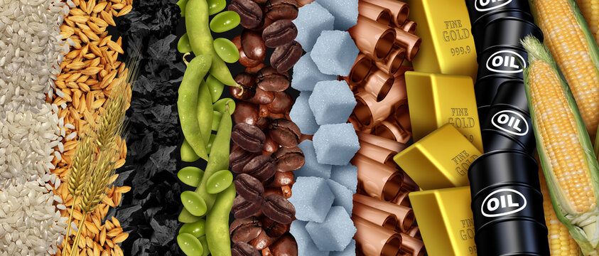 Commodity And Commodities and economic goods and natural resources or goods to trade or exchange as a stock market trading as crude oil coffee beans copper gold