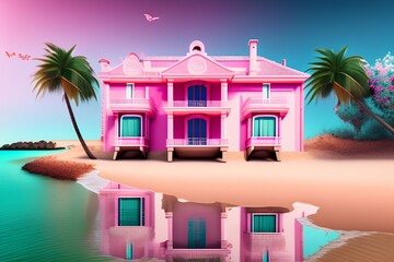 house with pink shutters on the beach - generative ai