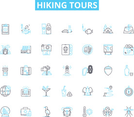Hiking tours linear icons set. Trekking, Exploration, Adventure, Scenery, Nature, Backpacking, Wanderlust line vector and concept signs. Outdoors,Challenge,Gratitude outline illustrations