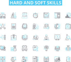 Fototapeta na wymiar Hard and soft skills linear icons set. Adaptability, Ambition, Attention to detail, Communication, Collaboration, Creativity, Critical thinking line vector and concept signs. Dependability,Discipline