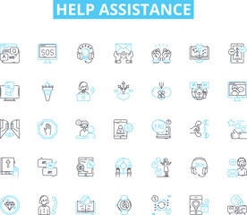 Help assistance linear icons set. Support, Aid, Guidance, Assistance, Care, Compassion, Empathy line vector and concept signs. Kindness,Comfort,Relief outline illustrations
